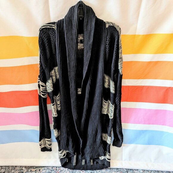 Allsaints Siouxsie Cardigan Black Tan Distressed Knit Grunge Long Duster Fray 4 - Picture 16 of 16